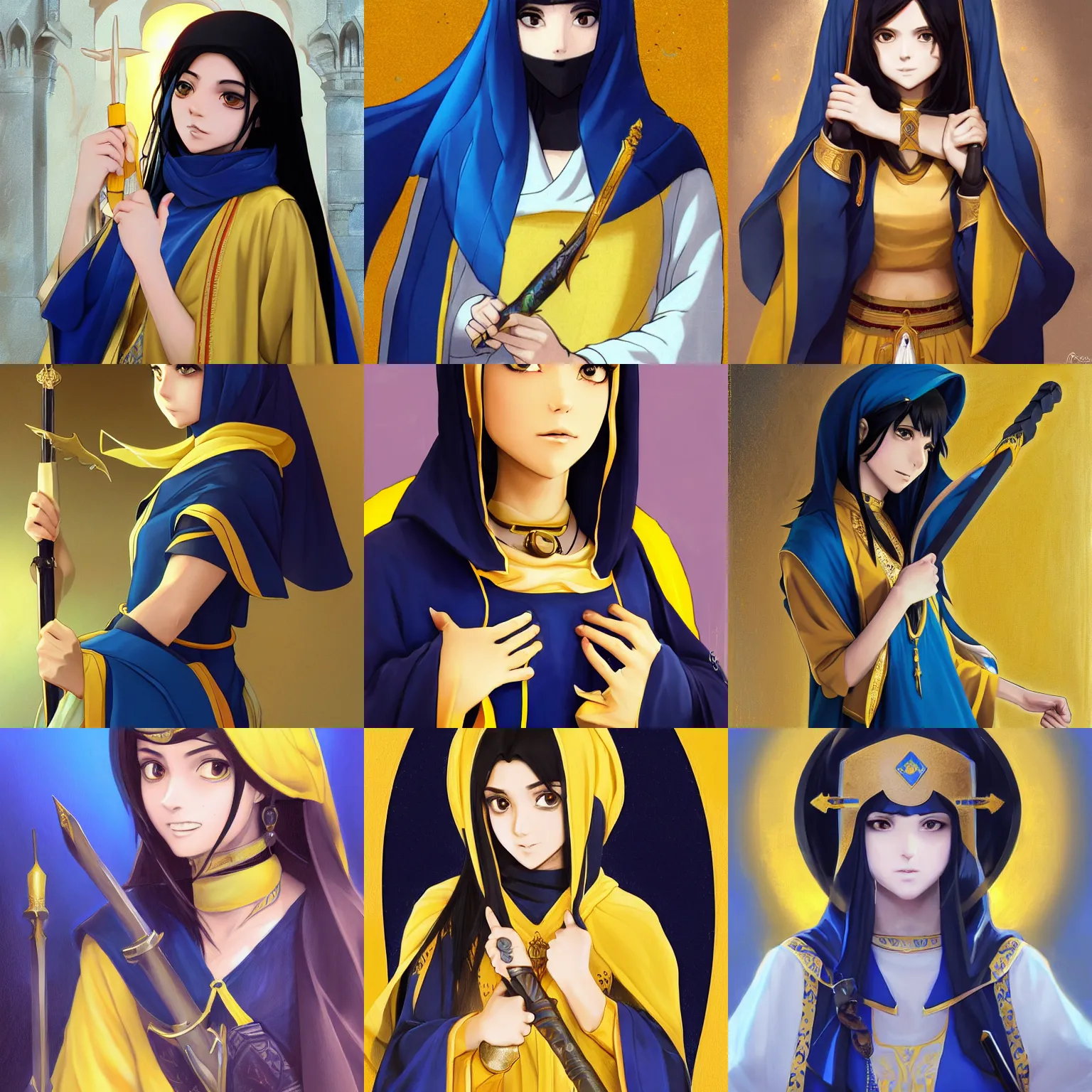 Prompt: portrait of a middle - eastern female cleric with straight black hair wearing blue and yellow vestments holding a scimitar, half body, single subject, ambient lighting, highly detailed, digital painting, trending on pixiv fanbox, studio ghibli, extremely high quality artwork, art by ross tran and artgerm and makoto shinkai