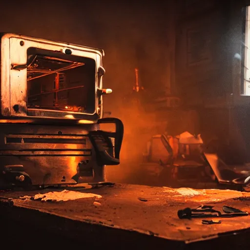 Image similar to cyborg with toaster oven chest, dark messy smoke - filled cluttered workshop, dark, dramatic lighting, orange tint, sparks, cinematic, highly detailed, sci - fi, futuristic, movie still