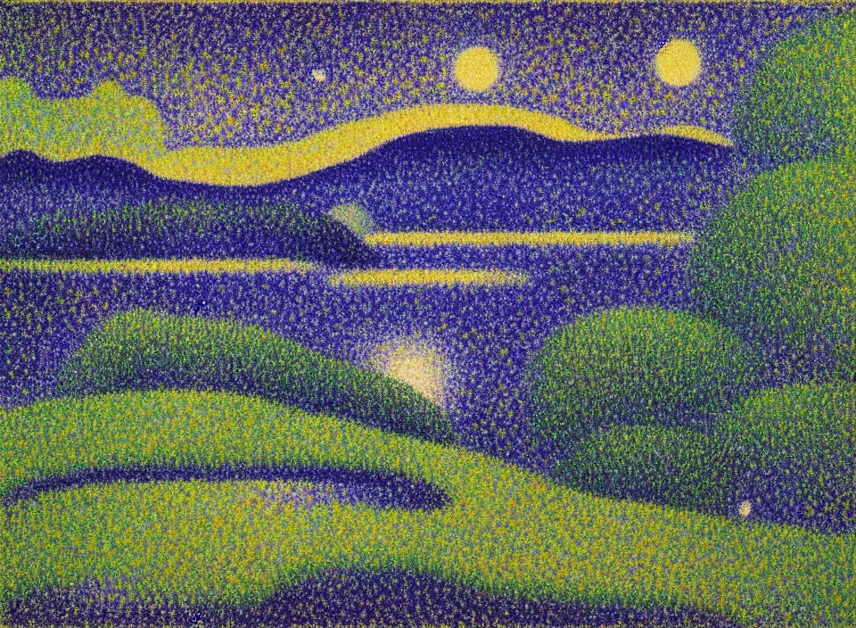 Image similar to a peaceful mountain valley with a lake at night, crescent moon, pointillism, style of georges seurat and paul signac, 4 : 3 aspects