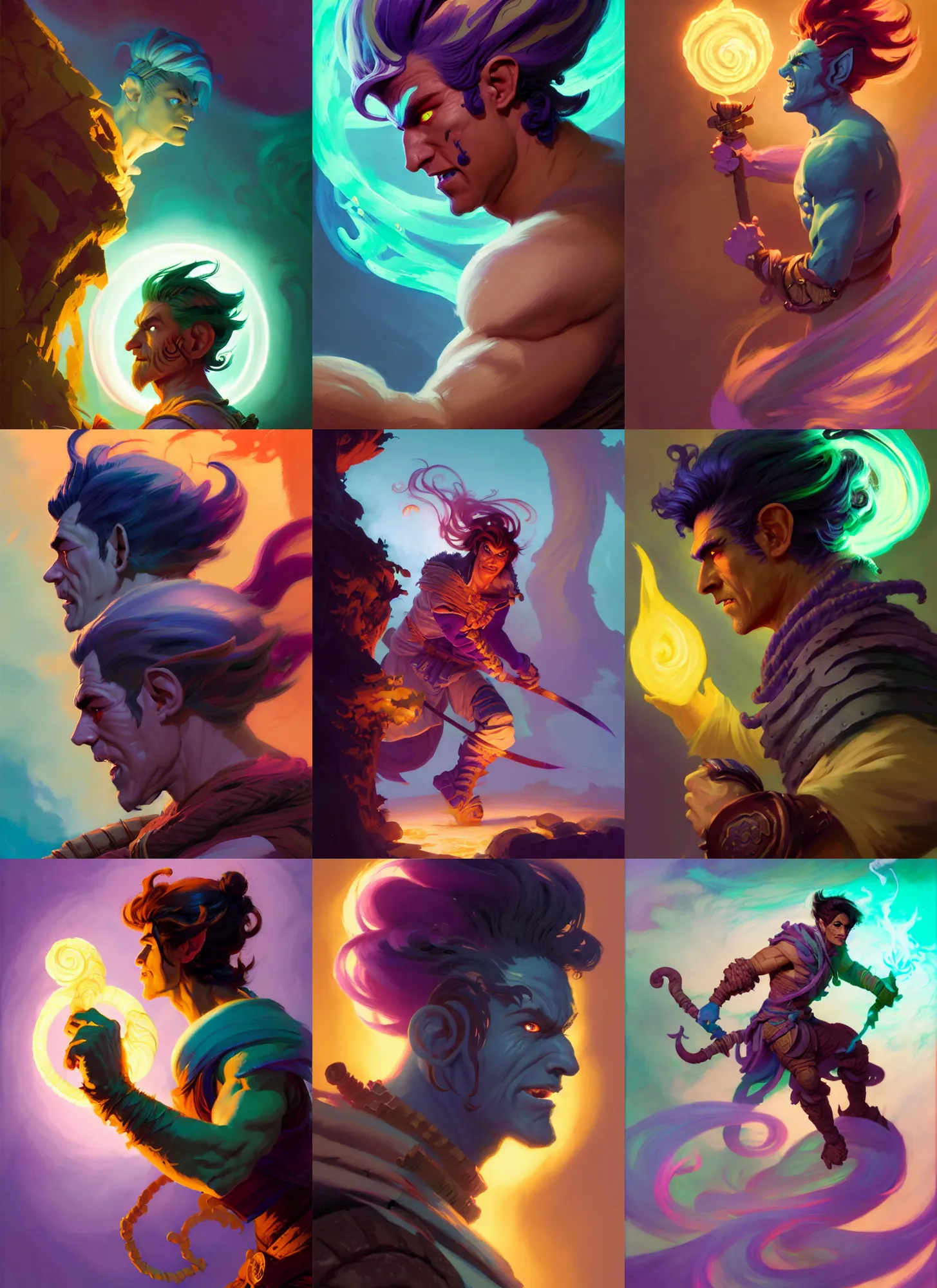 Prompt: side profile, male half - human half - troll rogue, gloomhaven, luminescent, colorful swirly magic ripples, pastel colors, by greg manchess, huang guangjian, gil elvgren, sachin teng, greg rutkowski, jesper ejsing, ilya kuvshinov