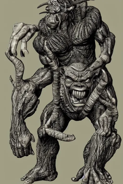 Image similar to humanoid hunched figure troll with 1 horn, ogre, ape, highly detailed, digital art, sharp focus, trending on art station, kentaro miura manga art style