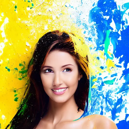 Image similar to potrait of a female model get splash with paint liquid , commercial ads