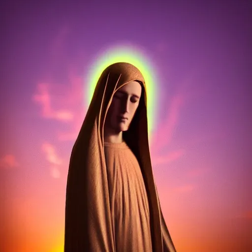 Prompt: a realistic digital photo of virgin mary as sunset clouds