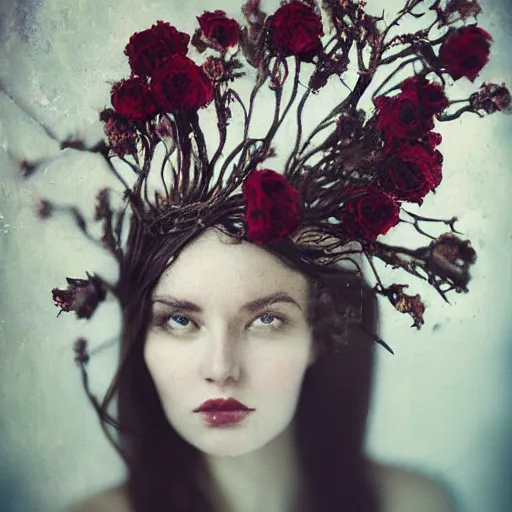 Image similar to full body fine art photo of the most beautiful woman, she has a crown of dried roses, by oleg oprisco