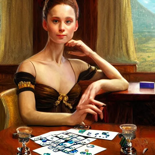 Image similar to a portrait of anthropomorphic ballerina sitting around a table in a tavern playing dice, furaffinity, by donato giancola and james gurney