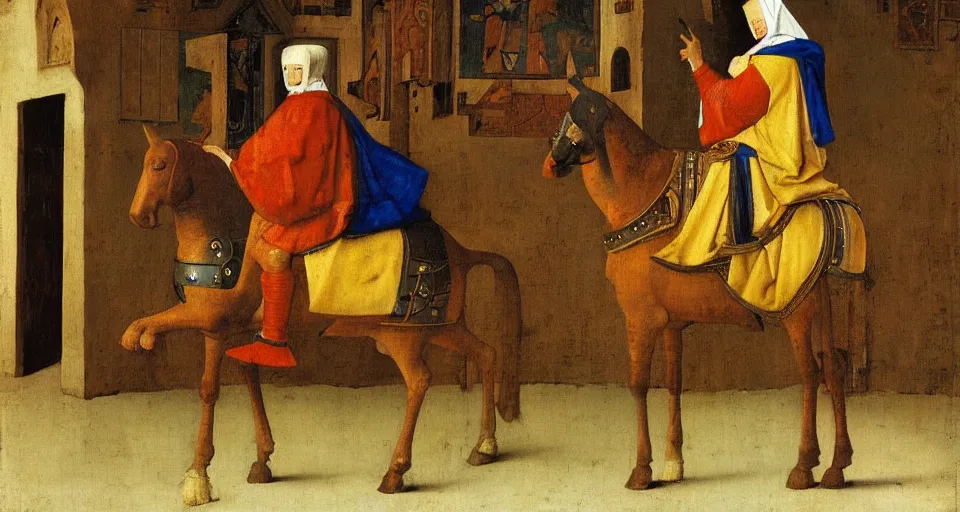 Image similar to a knight riding a wooden horse, medieval painting by Jan van Eyck, Johannes Vermeer