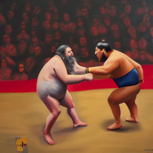 Image similar to oil painting of richard stallman sumo wrestling with bill gates, trending on artstation