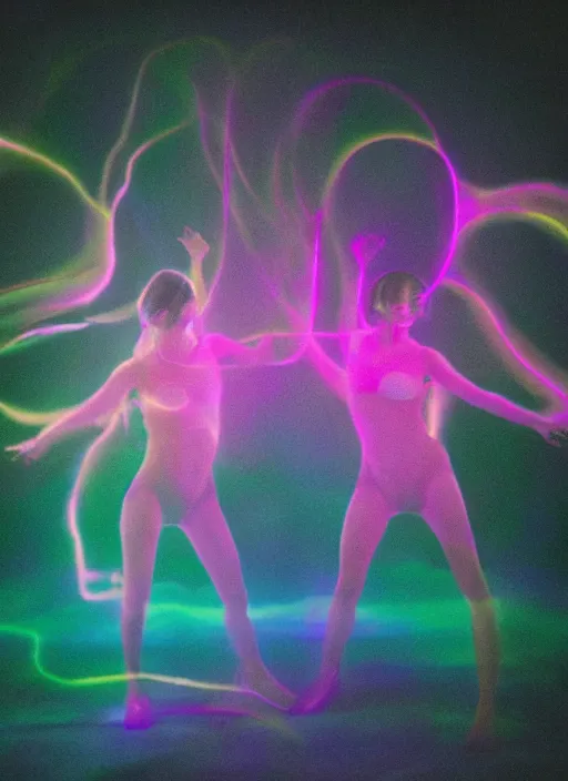 Image similar to symmetrical females ascending astral projection, liquid glowing aura, motion blur, long exposure, film grain, cinematic lighting, experimental film, shot on 1 6 mm