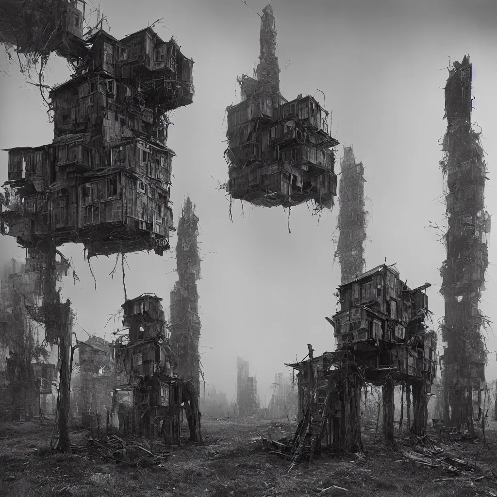 Image similar to two giant towers, made up of makeshift squatter shacks, misty, dystopia, mamiya rb 6 7, fully frontal view, very detailed, studio lighting, photographed by ansel adams