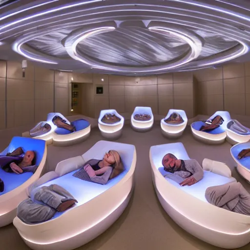 Image similar to cybernetic sleeping pods, diverse humans sleeping in healing pods, humans sleeping in healing pods, wide wide angle, vivid, elaborate, highly detailed, beautiful dim lighting