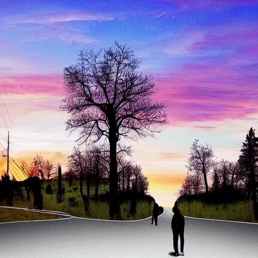 Image similar to sunse, tree silhouettes, ghostly people, small town, nostalgic town, trees over roads