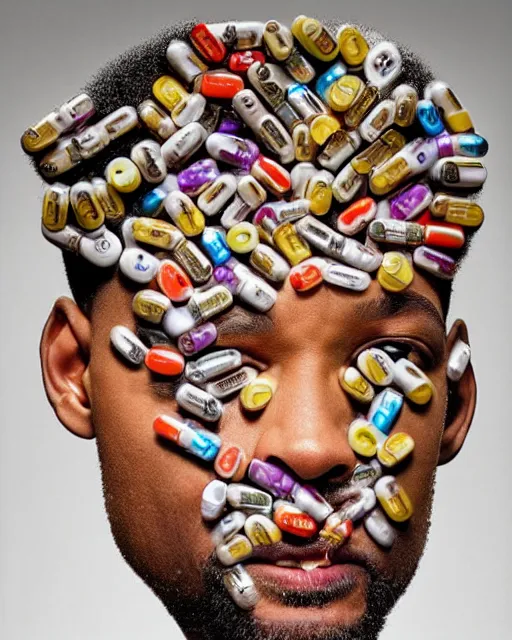 Image similar to will smith made out of pills, human face made out of pills, professional food photography, by giuseppe arcimboldo