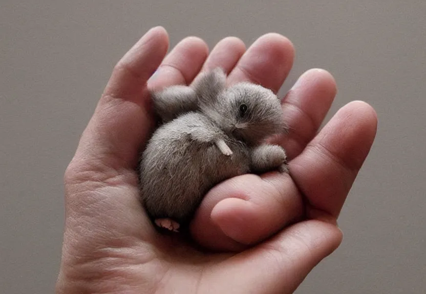 Image similar to a tiny creature resting in the palm of your hand. giant hand, little critter. sleepy, calm, relaxed, tranquil, 😴😪