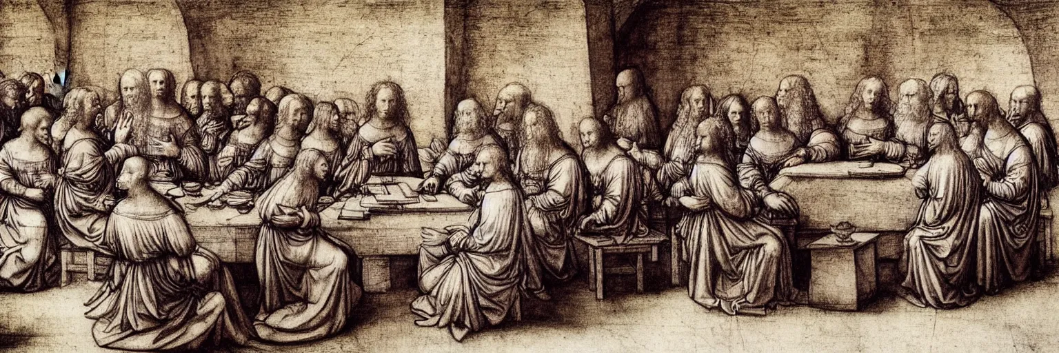 Prompt: a beautiful Leonardo Davinci illustration of a table where smart people sit and listen to a TED lecture