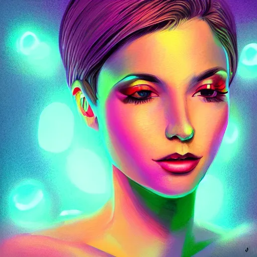 Prompt: portrait of a woman inspired by lois van baarle, iridescent, holographic, neon, glowing, self confidence, light make up