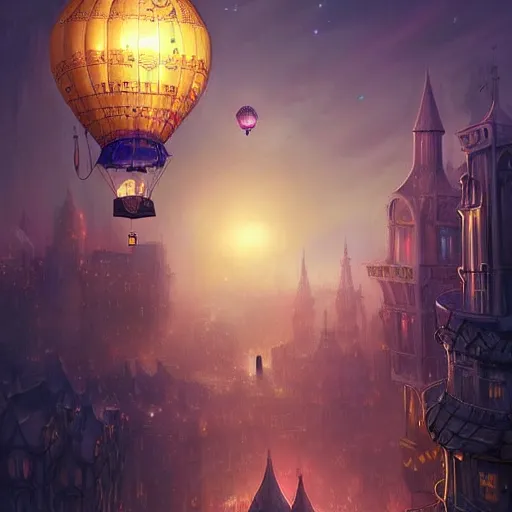 Image similar to a beautiful stunning fantasy whimsical matte digital illustration of a scene of a steampunk! hot - air balloon over a lit steampunk! city at night by marc simonetti, pastel color palette, disney magic the gathering steampunk!!!, chiaroscuro magical! bokeh moon stars dramatic romantic! epic breathtaking, clock tower,, trending on artstation hq, masterpiece