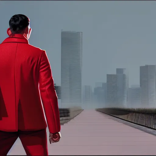 Image similar to isometric view of a man with a red jacket from back. walking towards a red futuristic motorbike on a wide road. photo realistic, hyper realistic, dramatic lighting, cyberpunk, ultra detailed, sharp focus, wide angle, digital illustration, trending on artstation