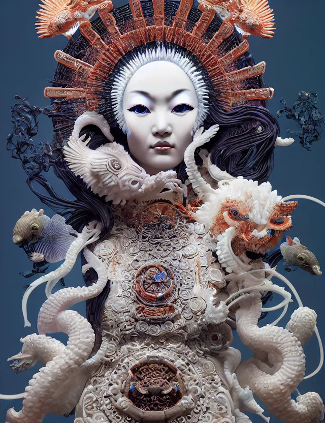 Image similar to 3 d goddess close - up 3 / 4 portrait with ram skull. beautiful intricately detailed japanese crow kitsune mask and clasical japanese kimono. betta fish, jellyfish phoenix, bio luminescent, plasma, ice, water, wind, creature, artwork by tooth wu and wlop and beeple and greg rutkowski