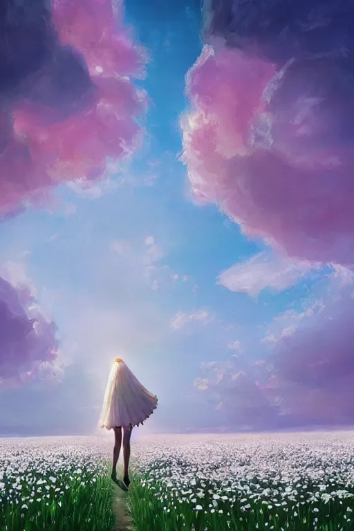 Image similar to giant white daisy flower head, girl with veil walking in a flower field, surreal photography, sunrise, dramatic light, impressionist painting, colorful clouds, digital painting, artstation, simon stalenhag