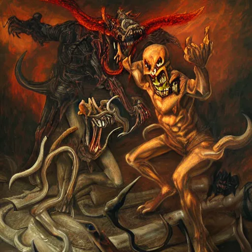 Image similar to realistc detailed painting two demons fighting each other in hell, dark style