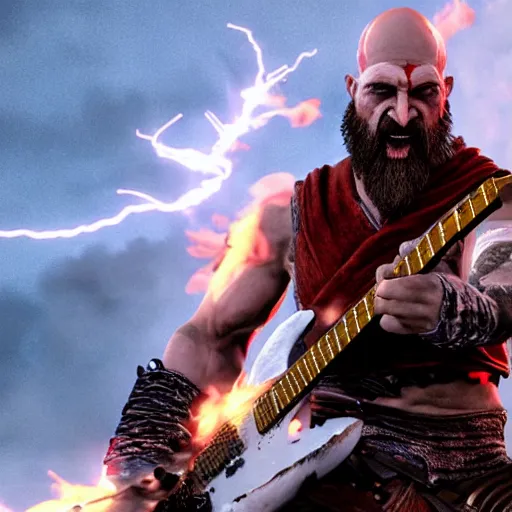 Image similar to screaming kratos shredding on a flaming stratocaster guitar, cinematic render, god of war 2 0 1 8, santa monica studio official media, lightning, viking armor, head turned