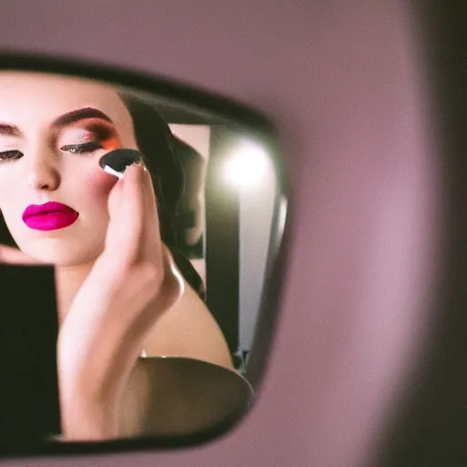 Image similar to a close - up of young woman looking in rear view mirror doing makeup, applying lipstick illuminated by a soft, ethereal light. k 4, kodak portra 4 0 0