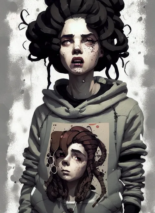 Image similar to highly detailed portrait of a sewer punk lady, tartan hoody, ringlet hair by atey ghailan, by greg rutkowski, by greg tocchini, by james gilleard, by joe fenton, by kaethe butcher, gradient grey, black, cream and white color scheme, grunge aesthetic!!! ( ( graffiti tag wall background ) )