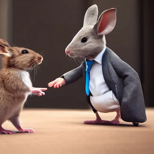 Prompt: a mouse in a suit shaking hands with a rabbit in a suit. Unreal 5 render volumetric lighting, beautiful, 4k UHD, ultra high quality