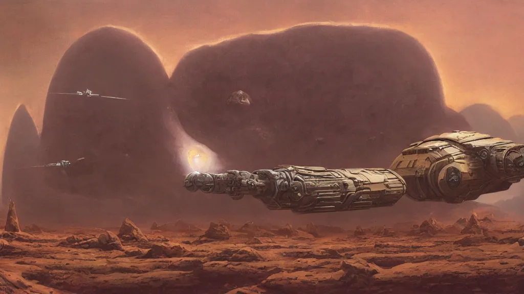 Image similar to small organic dropship lander by john schoenherr and jim burns, epic cinematic matte painting