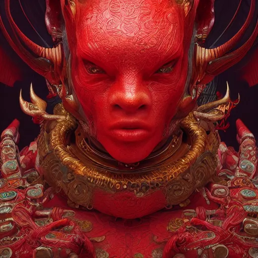 Image similar to The red alien, intricated traditional Chinese textures, rococo decorations, hyper detail, Unreal engine,Octane render, by Karol Bak