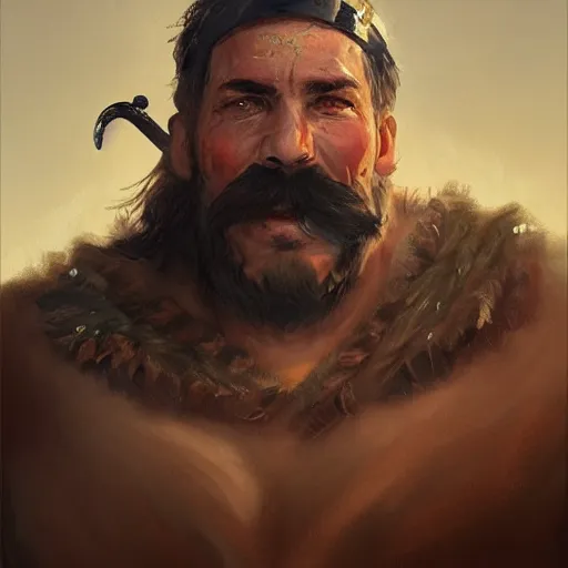 Image similar to portrait old barbarian warrior with trucker mustache and short hair, 8 k, trending on art station, by tooth wu and greg rutkowski