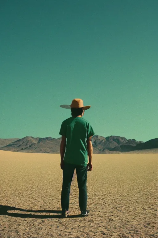 Prompt: kodak ultramax 4 0 0 photograph of a guy standing in a desert, back view, green shirt, grain, faded effect, vintage aesthetic, vaporwave colors,