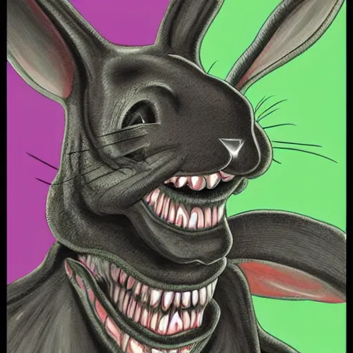 Prompt: A extremely highly detailed majestic hi-res beautiful, highly detailed head and shoulders portrait of a scary terrifying, horrifying, creepy maniacal crazy black cartoon rabbit with scary big eyes, earing a shirt laughing maniacally , let's be friends, in the style of a Walt Disney cartoon