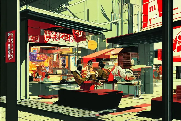 Image similar to a fast food window downtown in neo - tokyo. concept art by syd mead