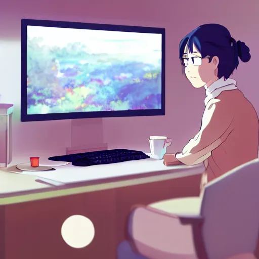 Image similar to a photograph of a person sitting at a desk, looking at monitor, dimly lit bedroom, hot cocoa drink, by studio ghibli, pastel tones, 4 k, 8 k