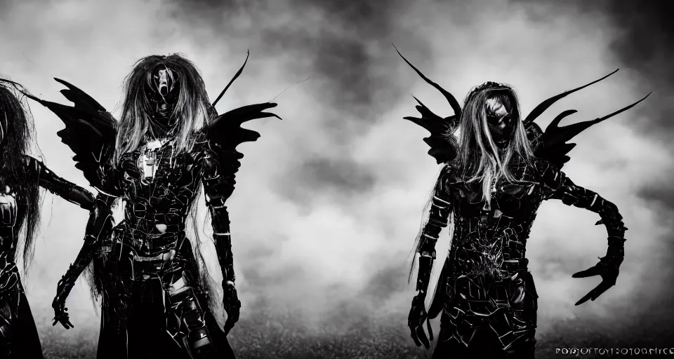 Image similar to Photography of a rock black cyber metal post human group with costumes inspired by insects