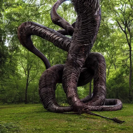 Image similar to A beautiful installation art of a large, looming creature with a long, snake-like body. The creature has many large, sharp teeth, and its eyes glow a eerie green. It is wrapped around a large tree, which is bent and broken under the creature's weight. There is a small figure in the foreground, clutching a sword, which is dwarfed by the size of the creature. warm, Wanda Gág by Naoto Hattori, by Claude Cahun intuitive