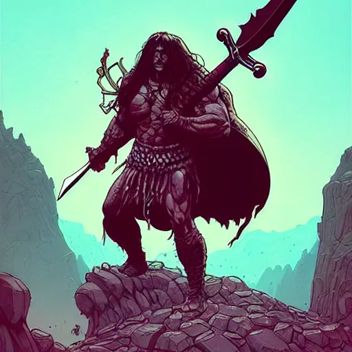 Prompt: cell shaded cartoon, a dark lord conan the Barbarian raising a sword atop a mountain of bones, concept art by josan gonzales and wlop, Laurie Greasley and james jean, highly detailed, sharp focus, Trending on Artstation, HQ, deviantart, art by artgem