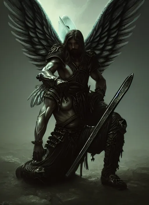 Image similar to fantasy art, fallen man angel kneeling on the knees with a sword and shield, close-up, bokeh. dark art masterpiece artstation. 8k, sharp high quality illustration in style of Jose Daniel Cabrera Pena and Leonid Kozienko, Tooth Wu, studio lighting. angel with big wings