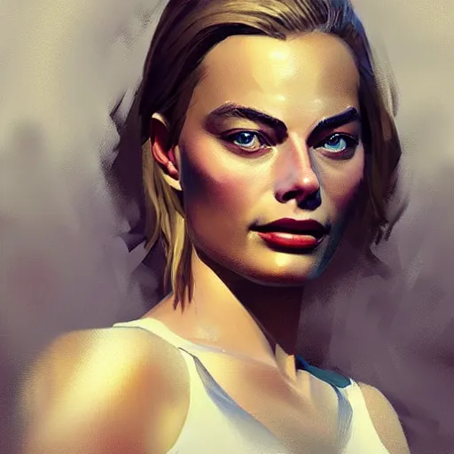 Image similar to “Portrait of Margot Robbie by Greg Rutkowski, young, attractive, highly detailed portrait, scifi, digital painting, artstation, concept art, smooth, sharp foccus ilustration, Artstation HQ”