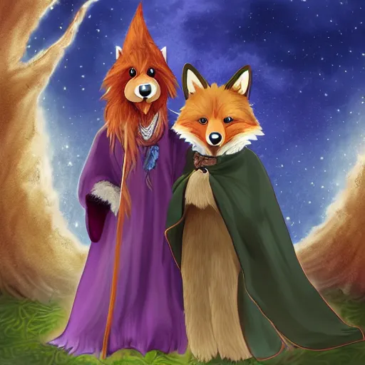 Image similar to a foxfolk wizard druid as a furry muppet plush wearing a fancy elven cloak and holding a sentient scimitar