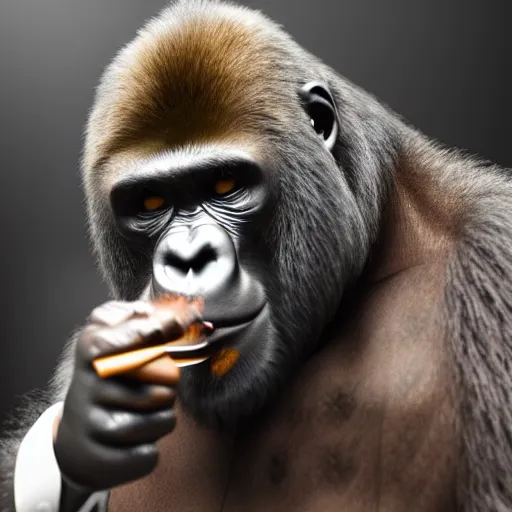 Image similar to a gorilla dressed as a mobster smoking a cigar, cinematic lighting, 4k, realistic