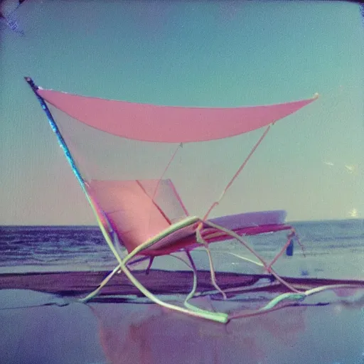 Prompt: a pastel colour high fidelity Polaroid photo from a holiday album at a seaside with abstract inflatable relaxing parachute furniture, all objects made of transparent iridescent Perspex no people, iridescence, nostalgic