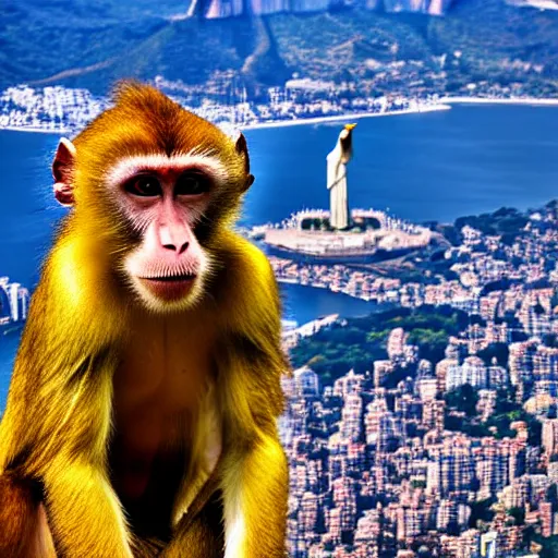 Image similar to high quality portrait of a monkey in front of Christ The Redeemer, studio photograph, photograph, realistic photo, 8k photo, 4k photo, stock photo, high resolution, cinematic shot, high detail