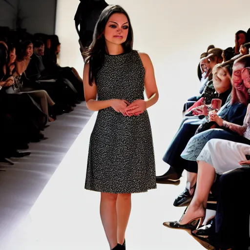 Prompt: Mila Kunis at a fashion show, full-body portrait, clothed, EOS-1D, f/1.4, ISO 200, 1/160s, 8K, RAW, unedited, symmetrical balance, in-frame