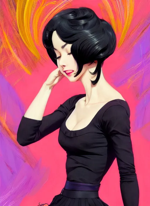 Image similar to a beautiful dancer with black hair in 1960's fashion, ballroom background, intricate, highly detailed, digital painting, artstation, official media, anime key visual, concept art, rich vivid colors, ambient lighting, sharp focus, illustration, art by Artgerm, Makoto Shinkai, Ilya Kuvshinov, Lois Van Baarle, and Rossdraws