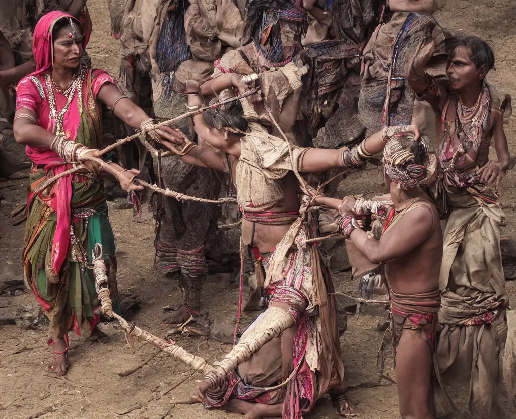 Prompt: an indian tribal woman being flogged by some britisher on a public stage, ultra realistic photography, intricate details, eerie, highly detailed, photorealistic, octane render, 8 k, unreal engine