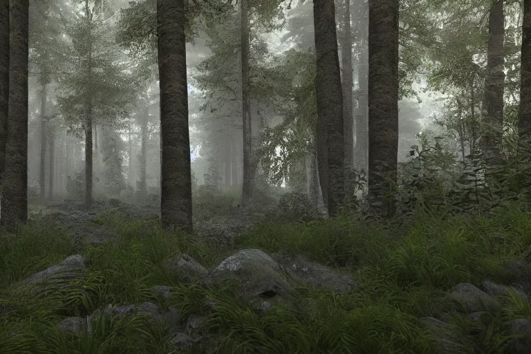 Prompt: A beautiful hyper realistic detailed photo of the inside deep forest with high trees, bushes of blueberry, dynamic lighting, cinematic lighting, lit by morning light, unreal engine, high detailed, featured on artstation