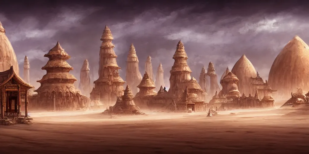 Image similar to a temple city surrounded by white sand desert dunes, merchants, camels, matte oil painting, chrome cathedrals, retrofuturistic, concept art, science fantasy, mutant, rpg, epic, rust, salt, jungle, dungeons & dragons, sharp focus, award - winning, extremely detailed, 4 k, 8 k