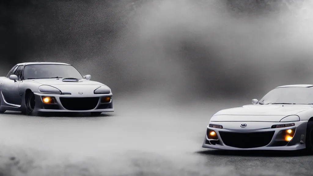 Image similar to mazda rx 7 fc with pop up headlights, cinematic, long exposure, white balance, 8 k, led, lumen global illumination, fog, ray tracing reflections